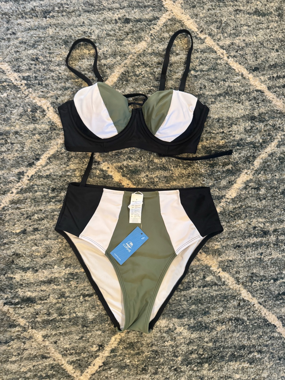 Cupshe Olive Green Black White Colorblock High-Waist Bikini